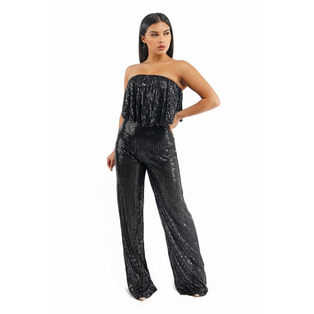 Black Sequin Strapless Wide Leg Jumpsuit - Picture 4 of 6